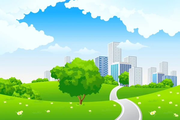 Green Landscape Tree Road City Clouds — Stock Photo, Image