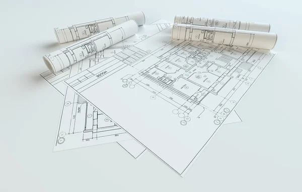 Rolled House Blueprints Gray Background Illustration — Photo