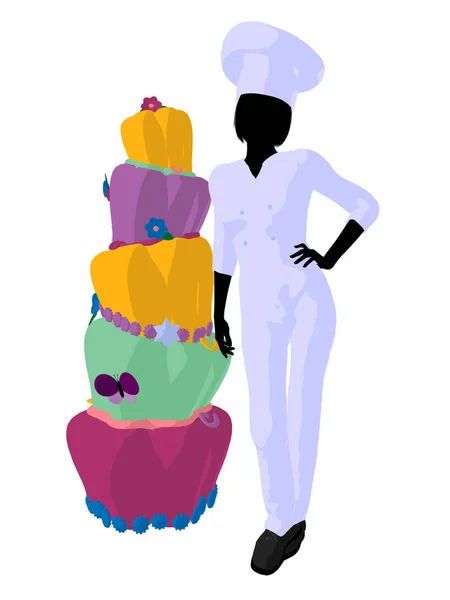 女厨师旁边的蛋糕剪影在白色背景 — 图库照片