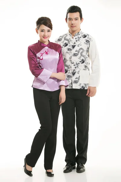 Kellner Chinesischer Kleidung Vor Weißem Hintergrund — Stockfoto