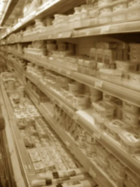 Estante Tienda Alimentos Lleno Producto Sepia Tonificado —  Fotos de Stock