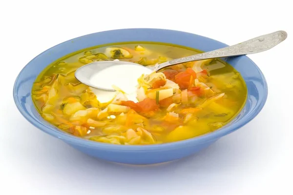 Teller Mit Suppe Auf Weißem Hintergrund — Stockfoto