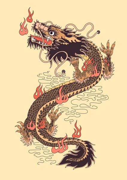 Vector Afbeelding Chinees Vuur Dragon Hand Getrokken Sepia — Stockvector