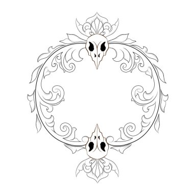 Vektör görüntü. Vintage Barok çerçeve ile bir kafatası. Acanthus yaprakları girdap dekoratif öğe. Kaydırma süsleme oyma sınır çiçek. Retro desen antika stili.