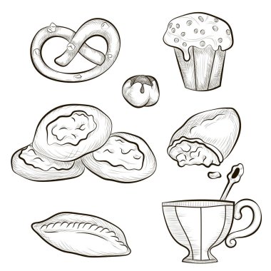 Vektör görüntü. Çay saati. Çay partisi için elle çizilmiş öğeleri kümesi. Kupa ve hamur işleri.