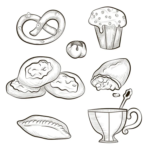 Vektör görüntü. Çay saati. Çay partisi için elle çizilmiş öğeleri kümesi. Kupa ve hamur işleri.