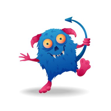 Vektör görüntü. Komik Cadılar Bayramı mavi pembe boynuzları ucube ile. Olağandışı çizgi film karakteri canavar, şirin ve ürkütücü.