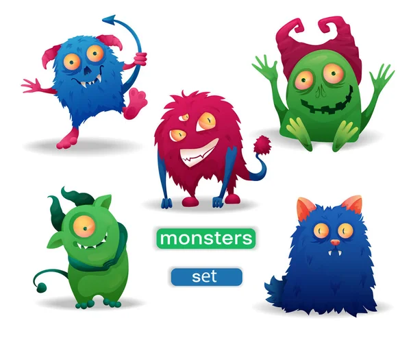 Imagem Vetorial Conjunto Desenhos Animados Coloridos Monstros Halloween — Vetor de Stock