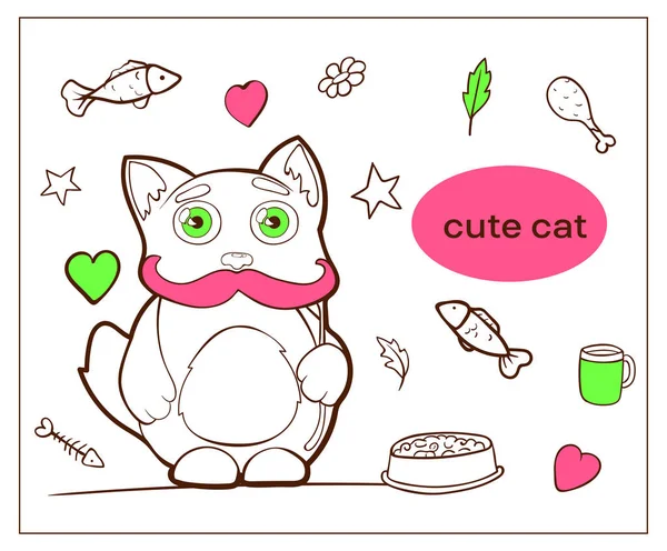 Vector Afbeelding Cartoon Karakter Kat Doodle Hand Getrokken Grappige Kitty — Stockvector