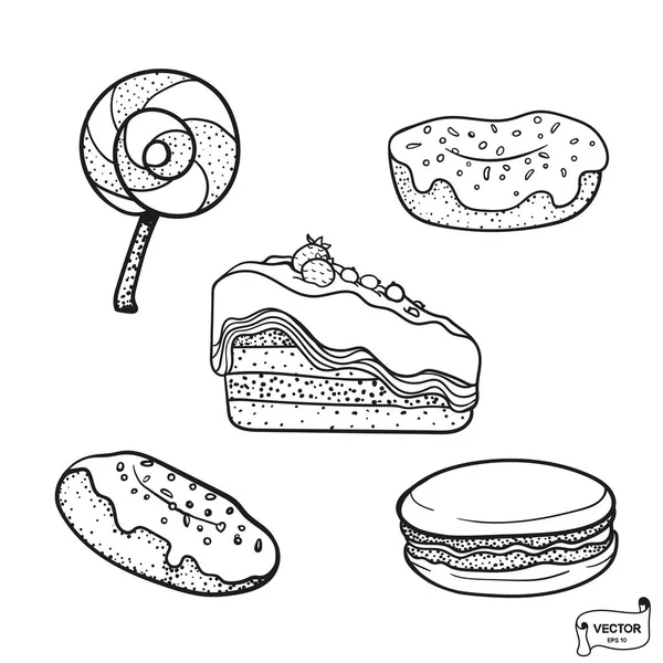 Wektorowa Zestaw Ikon Słodycze Ręcznie Rysowane Doodle Deser Ilustracje Ciasta — Wektor stockowy