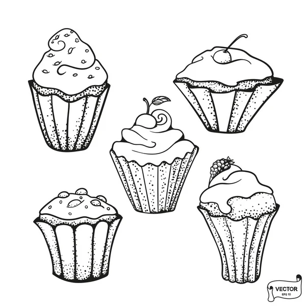 Vektorikuvaa Käsin Piirretyt Värityssivut Cupcakes Joukko Mustavalkoisia Cupcakes Doodle Tyyliin — vektorikuva