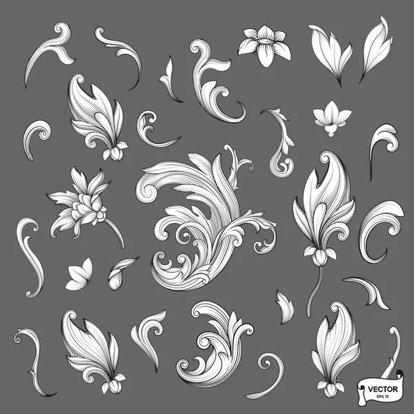 Vektorbild Set Von Elementen Barock Gravierte Florale Schriftrolle Retro Muster — Stockvektor