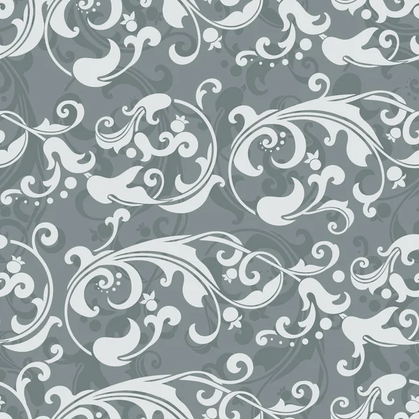 シームレスなビンテージ パターン デザインのグレーと白の花スクロール背景 — ストックベクタ