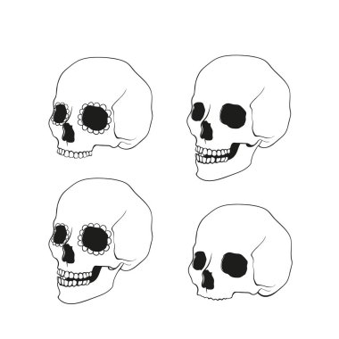 Doodle tarzda izole kafatasları Icon set.