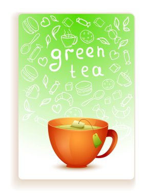 Vektör görüntü. Sevimli çizgi sarı sıcak yeşil çay bir fincan. Doodle elemanları ile kart