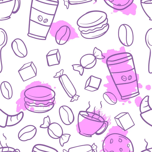 Векторный Бесшовный Узор Изображением Чая Кофе Кружек Чайников Тортов Фиолетовом — стоковый вектор