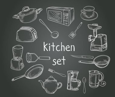 mutfak gereçleri ile skeçler kümesi. Beyaz tebeşir.