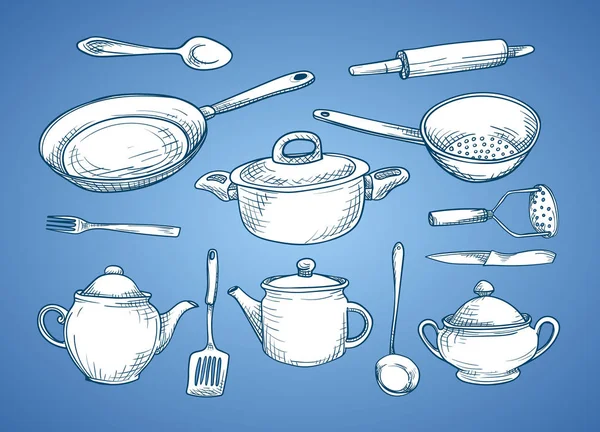 Conjunto de bocetos con utensilios de cocina. platos blancos sobre fondo azul — Archivo Imágenes Vectoriales