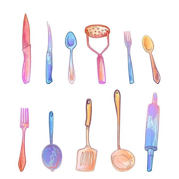 Cutlery sketch set. Imitation of watercolor stains. — Stock Vector