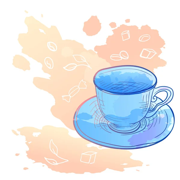 Cup with doodle elements. Imitation of watercolor stains. — Stock Vector