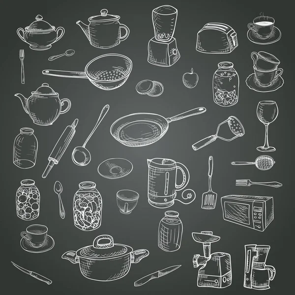 Grand ensemble de croquis de vaisselle et d'appareils de cuisine . Illustrations De Stock Libres De Droits