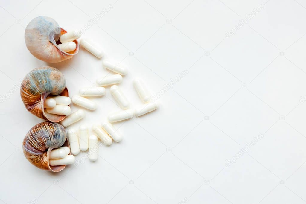 Background conchs with vitamin pills 