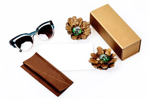 Fashion Sunglasses Composition Box Cloth White Background — Stock Photo, Image