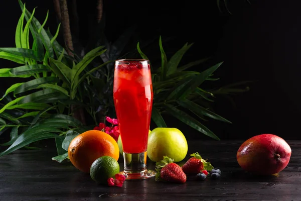 Cranberry Lemonade Lingonberries Glass Fruits Dark Wooden Background — Stock Photo, Image