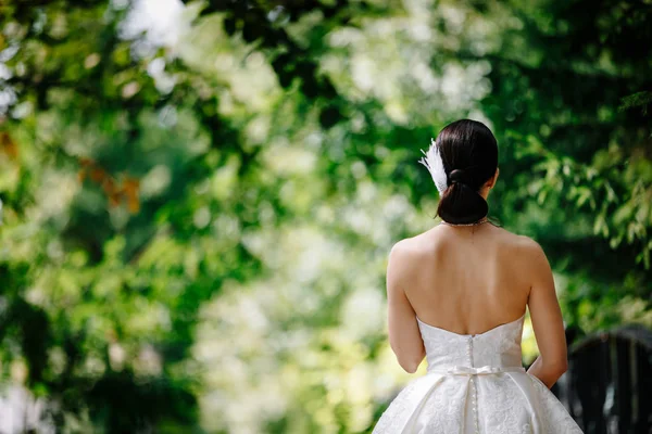 Bruid Een Prachtige Jurk Met Een Open Rug Achtergrond Van — Stockfoto