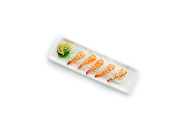 Shrimps Lemon Rectangular Plate Isolated White Background — Stock Photo, Image