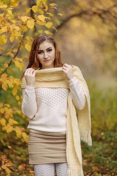 Chica Pelirroja Ropa Brillante Sobre Fondo Bosque Otoño Día Soleado — Foto de Stock