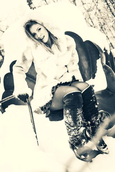 Beautiful Girl Beige Short Coat Hood Sits Carousel Black White — Stock Photo, Image