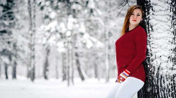 La jeune fille vêtue d'un chandail marron et d'un pantalon blanc appuyé contre le tronc d'arbre sur fond de forêt hivernale enneigée — Photo