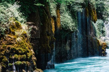 Yosunla kaplı bir dağdan akan şelale. Sulak Kanyonu, Dağıstan