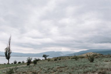 Kıyıdan Chirkei rezervuarına açılan manzara. Bulutlu gökyüzünün arka planında dağlar. Sulak Kanyonu, Dağıstan