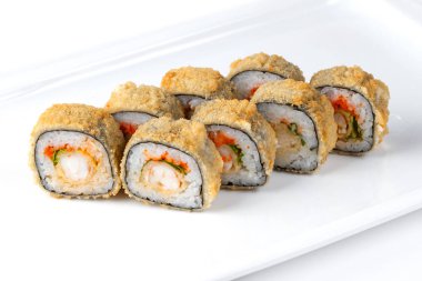 yalıtılmış beyaz bir arka plan üzerinde dikdörtgen bir plaka üzerinde iki satır halinde rulo kümesi