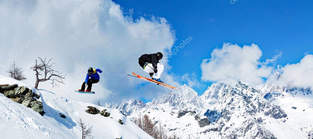 skier vs. snowboarder in the alps