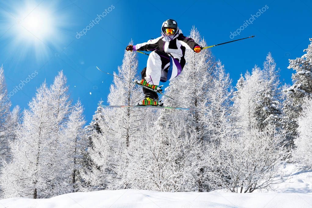 acrobatic jump on skis