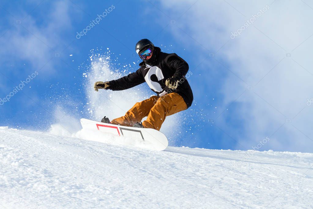 jump with snowboard in fresh snow