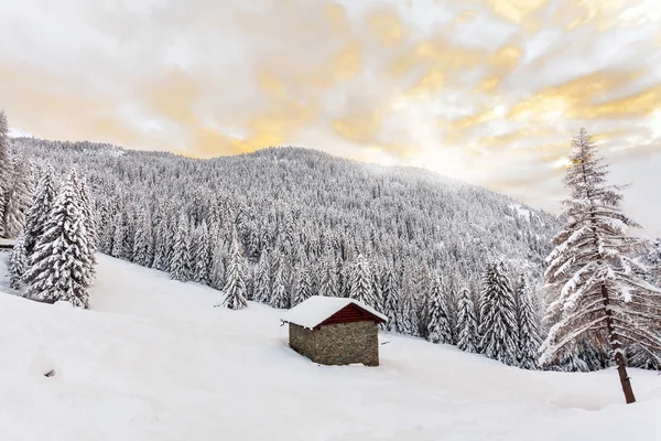 alpine cabin in winter landscape