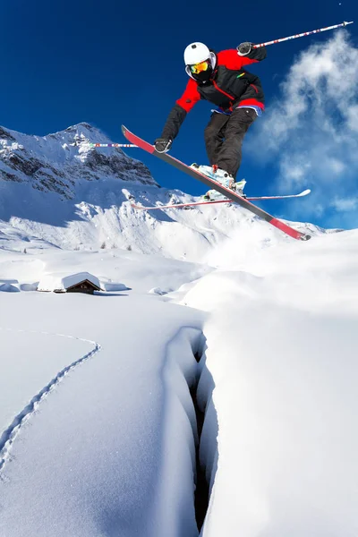 Salto Esqui Neve Fresca — Fotografia de Stock