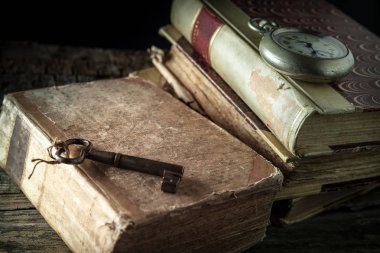 eski kitaplar ve antik nesneleri içeren tablo