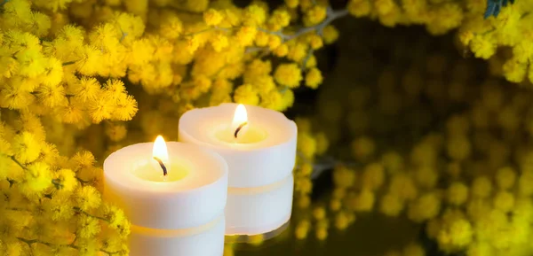 Composition Candles Mimosa — Stock Photo, Image