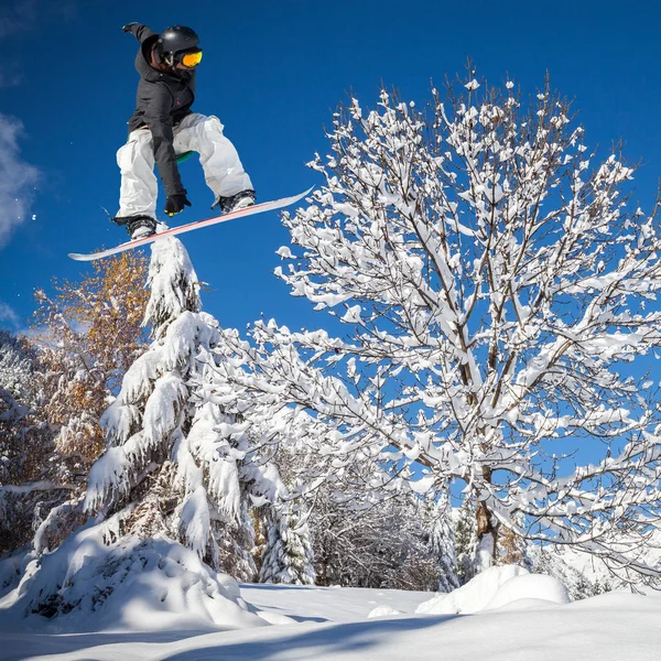 Taze Kar Snowboard Ile Atlamak — Stok fotoğraf