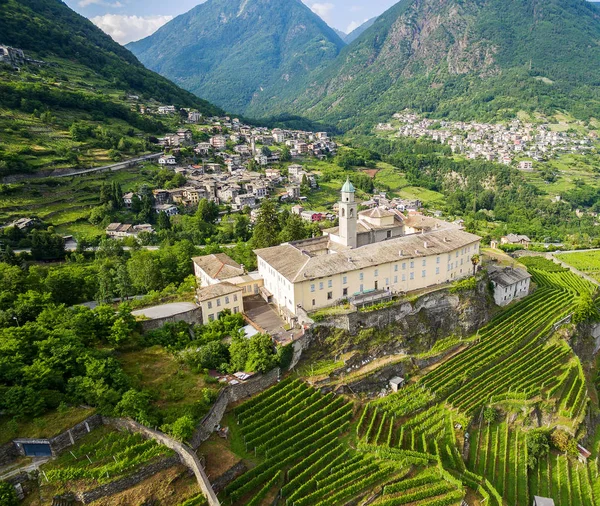 Sondrio Valtellina Aerial Przegląd Winnic Frazione Sant Anna Klasztor San — Zdjęcie stockowe