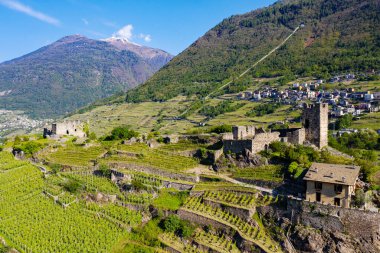 Valtellina (It) - Sondrio yakınlarındaki Grumello üzüm bağları - Havadan görünüm