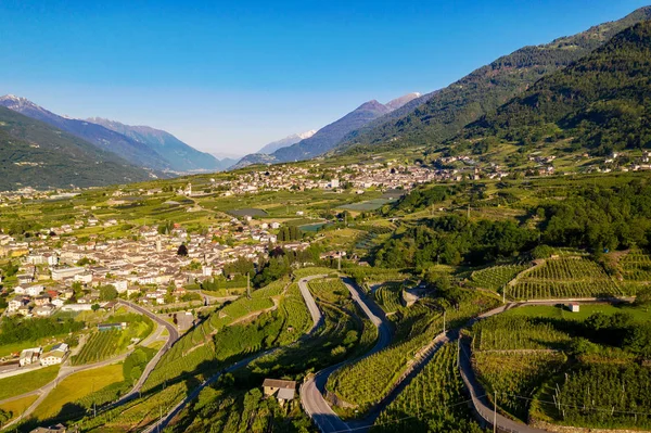 Valtellina Vista Aérea Vale Área Chiuro Para Oeste — Fotografia de Stock