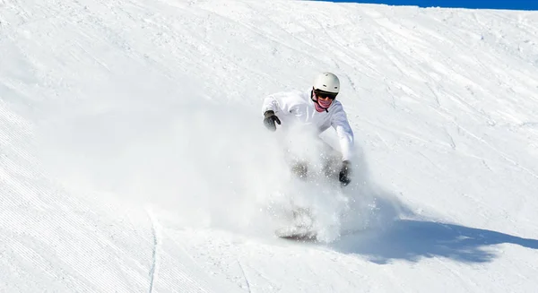 Snowboarder Ação Pista Com Neve Fresca — Fotografia de Stock