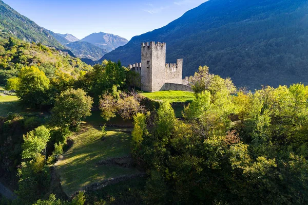 Grosio Valtellina Nuevo Castillo Parque Incisiones Rupestres Vista Aérea —  Fotos de Stock