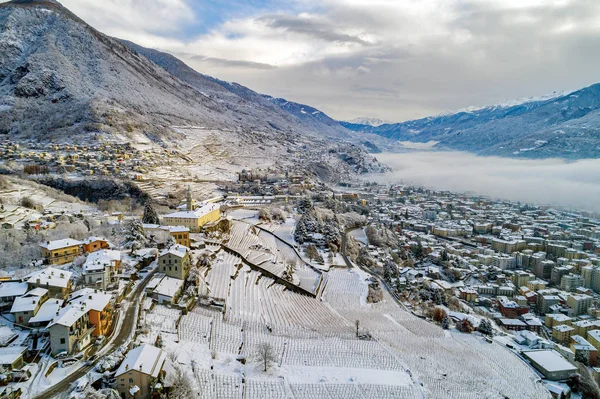 Valtellina Panoramatický Zimní Letecký Pohled Klášter San Lorenzo Sondriu — Stock fotografie